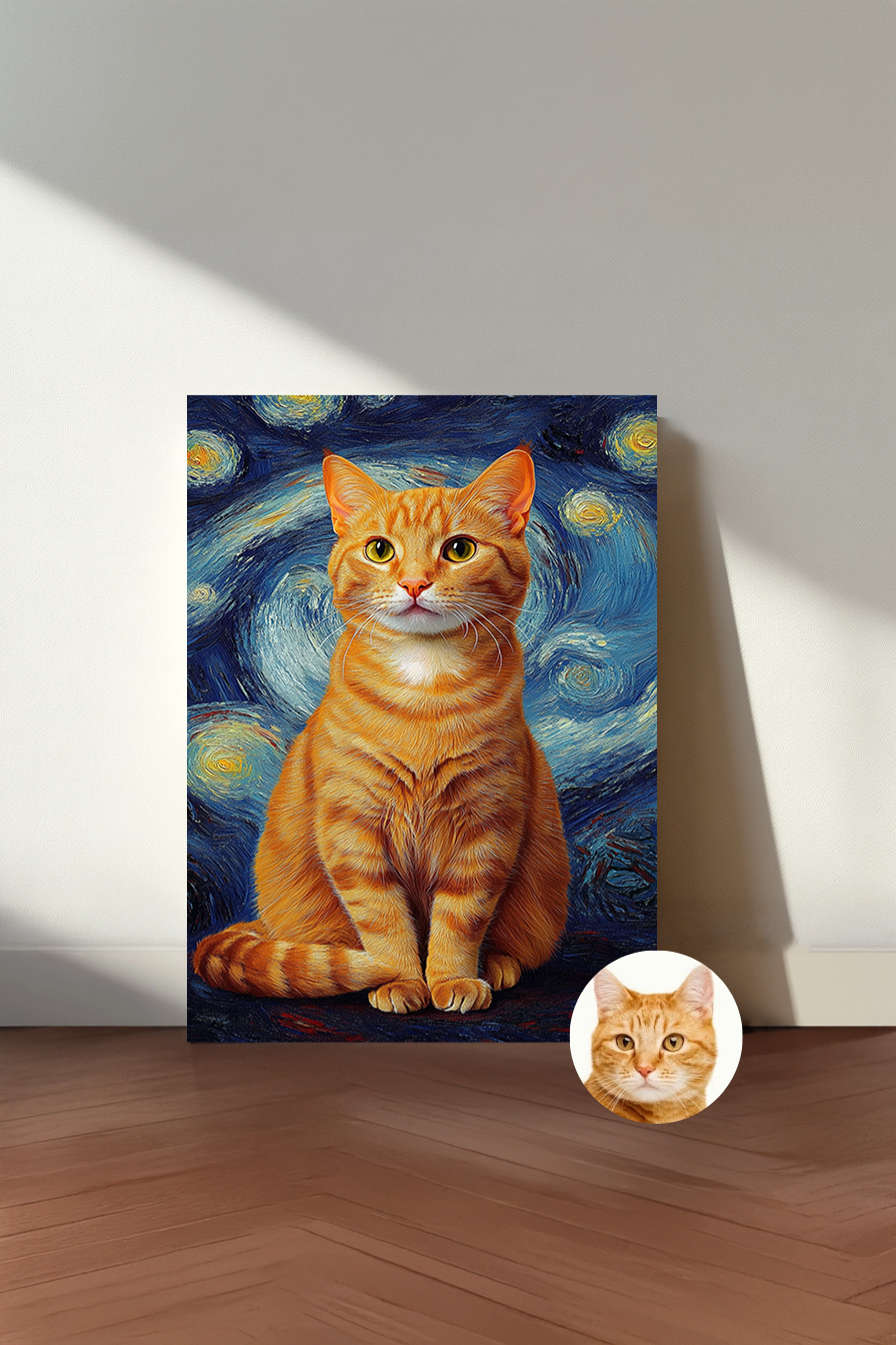 Custom Starry Paws Pet Portrait – Personalized “Starry Night” Cat & Dog Wall Art