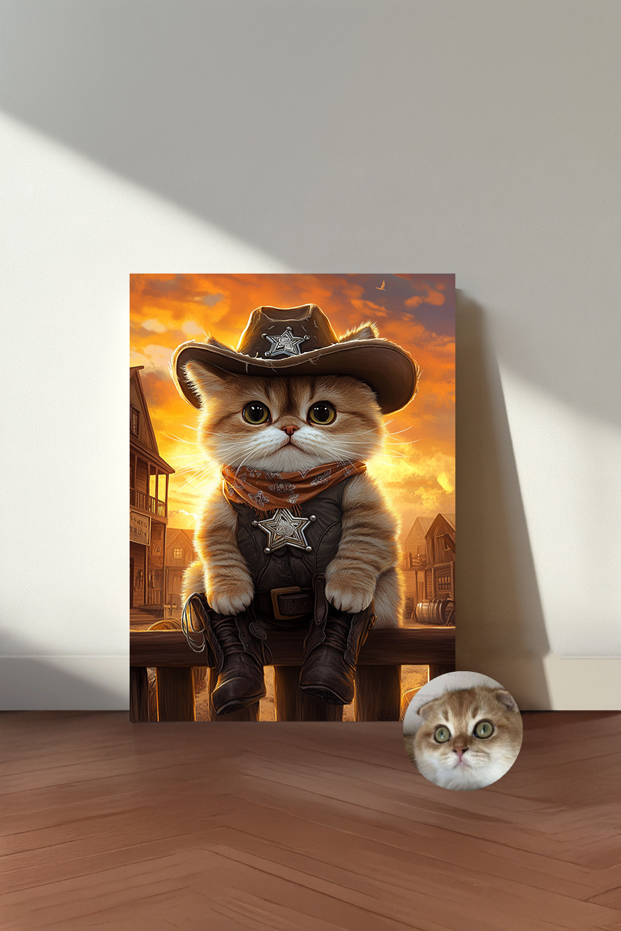 Custom CowboyPaws Pet Portrait – Personalized Cat & Dog Cowboy in Western Wall Art