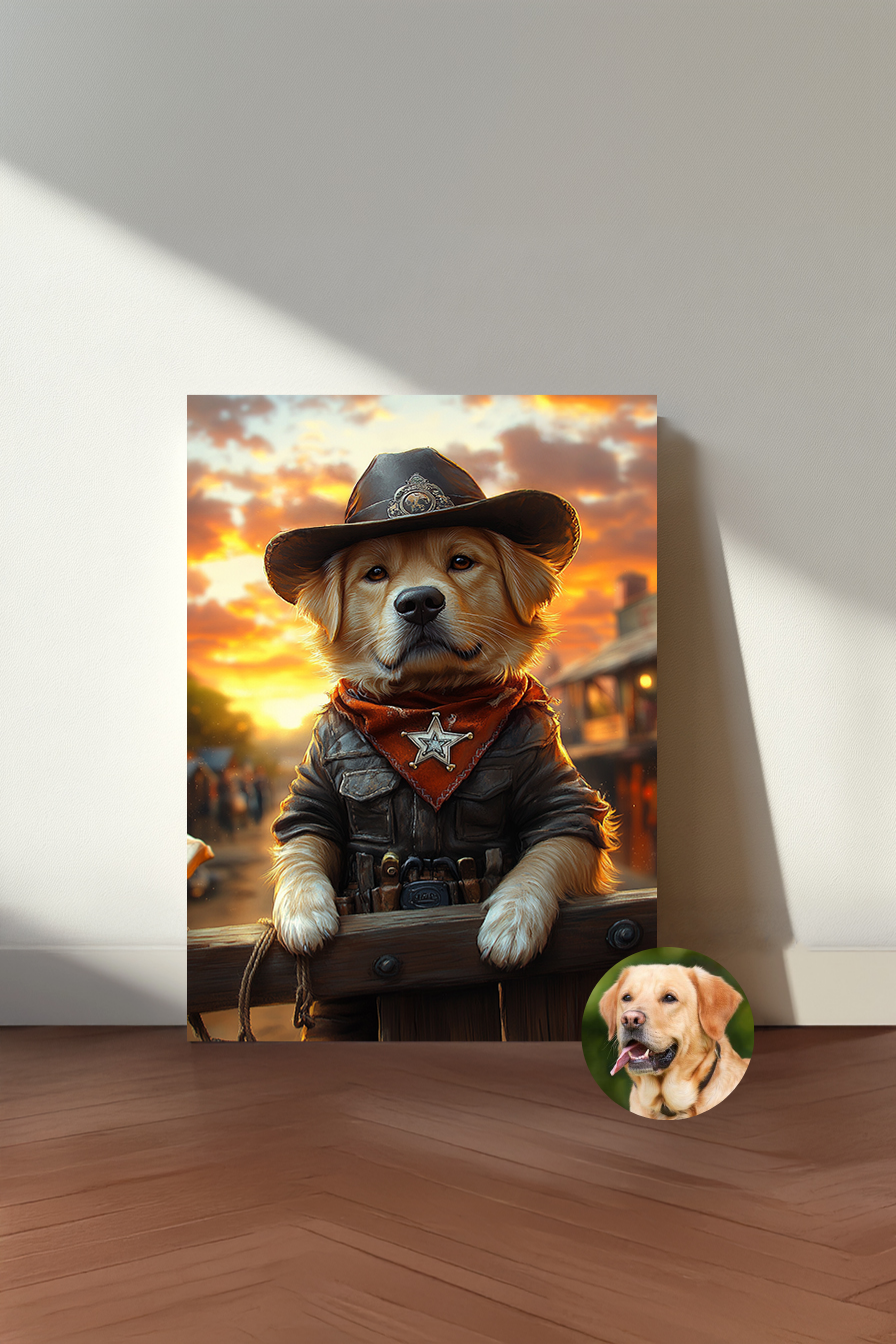 Custom CowboyPaws Pet Portrait – Personalized Cat & Dog Cowboy in Western Wall Art